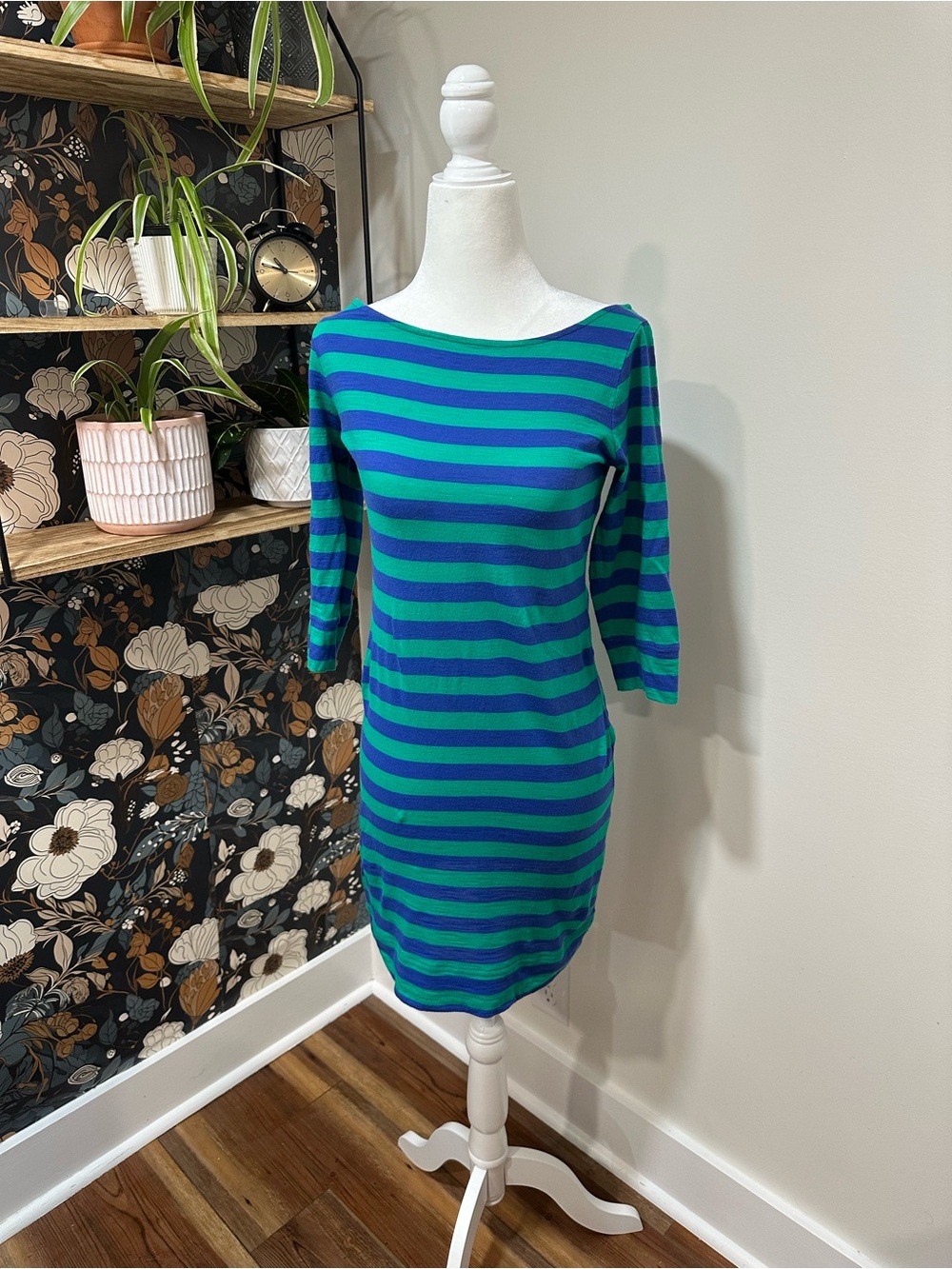 Lilly Pulitzer Green and Blue Striped Boatneck Long Sleeve Dress
